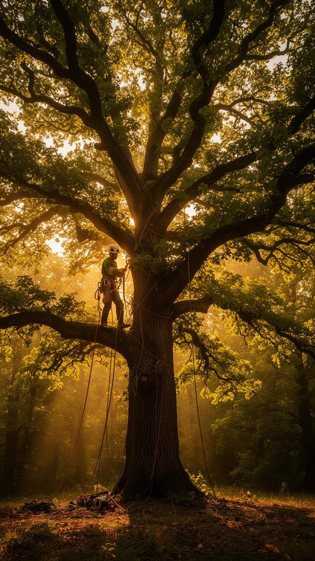 Arborist working in a mature oak canopy at golden hour