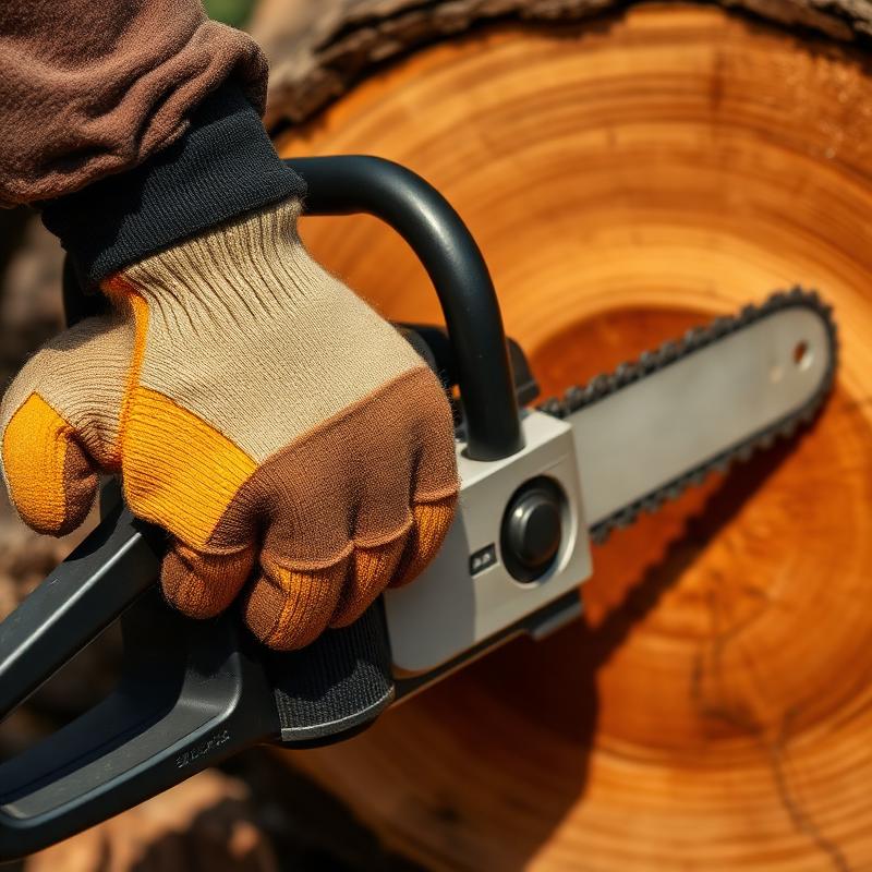 Arborist's hand with chainsaw on fresh-cut hardwood